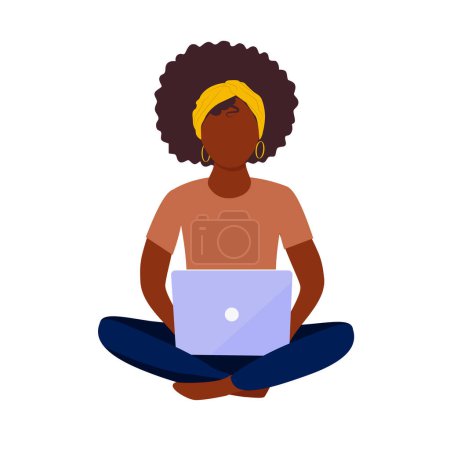 Illustration for Young black woman using laptop computer sitting in lotus pose with crossed legs isolated on white - Royalty Free Image