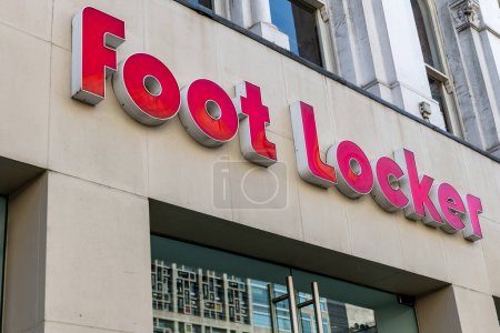 Photo for London. UK- 04.09.2023. The name sign on the facade of the branch of Foot Locker in Oxford Street. American sportswear and footwear  multinational retail brand. - Royalty Free Image