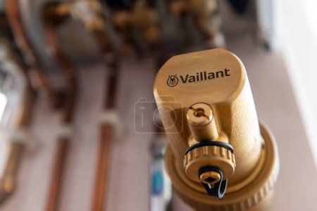 Photo for London. UK- 04.07.2023. The Vaillant company name and trademark on a part of a combi boiler. - Royalty Free Image