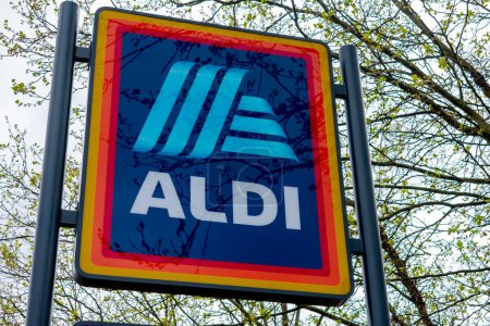 Photo for London. UK- 05.01.2023. The name sign, logo and trademark of discount grocery supermarket Aldi. - Royalty Free Image