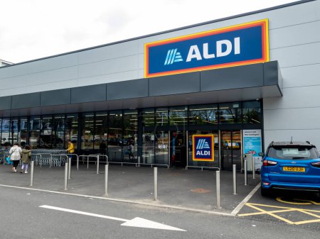 Photo for London. UK- 05.01.2023. The name sign and facade of a branch of Aldi grocery supermarket. - Royalty Free Image