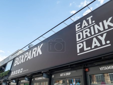 Photo for London. UK- 05.20.2023. Close up of the Boxpark name sign in Shoreditch. - Royalty Free Image