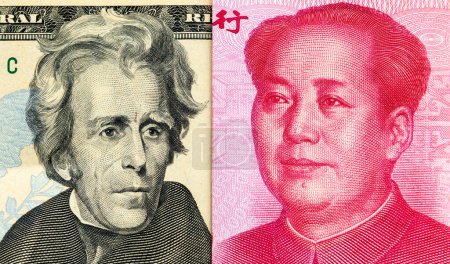 Foto de Primer plano de un billete de 20 USD y un billete chino de 100 Yuan. Una moneda concepto de conflicto de competencia financiera. - Imagen libre de derechos