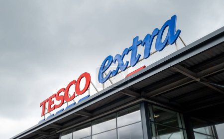 Photo for London. UK- 08.02.2023. The name sign of a branch of Tesco Extra grocery supermarket. - Royalty Free Image