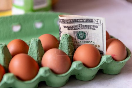 Lebenshaltungskosten, Konzept der Nahrungsmittelinflation mit einem Bündel von US-Dollar-Scheinen in einem Paket von Eiern.