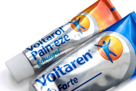 Photo for London. UK- 08.04.2023. Close up of a tube of Voltaren and Voltarol isolated in white. - Royalty Free Image