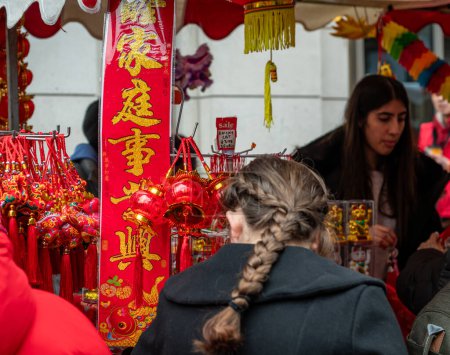 London. UK- 02.11.2024. Close up of a street stall selling Chinese new year ornaments and decorations in China town during celebration.