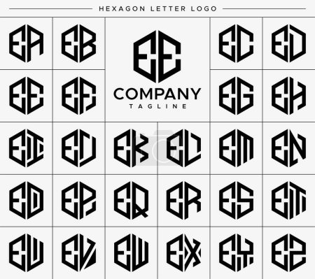 Conjunto de vectores de diseño de logotipo de letra E hexágono moderno. Plantilla gráfica de logotipo EE E hexagonal.