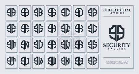 Set of geometric shield lowercase letter G GG logo, number 9 99 design