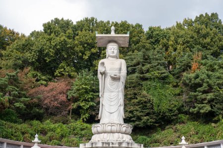Foto de Mireuk Estatua de Daebul del bodhisattva Maitreya en el templo de Bongeunsa, un templo Buddhist en Seúl. Con fondo de hojas de otoño. Es la estatua de piedra más alta de Corea. - Imagen libre de derechos