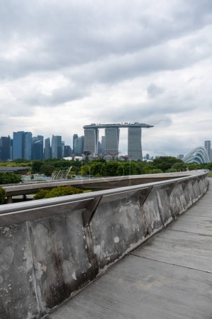 View of Marina Bay Sands and landmark from Marina Barrage, a dam and recreational site in southern Singapore
