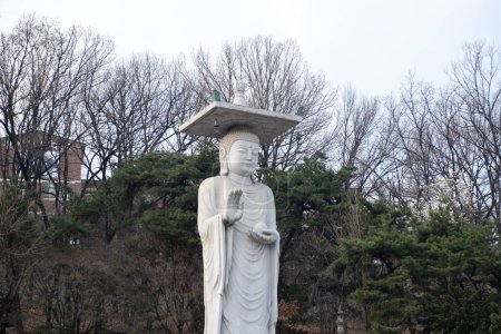 Mireuk Estatua de Daebul del bodhisattva Maitreya en el templo de Bongeunsa, un templo Buddhist en Seúl. Con fondo de invierno a principios de primavera. Es la estatua de piedra más alta de Corea.