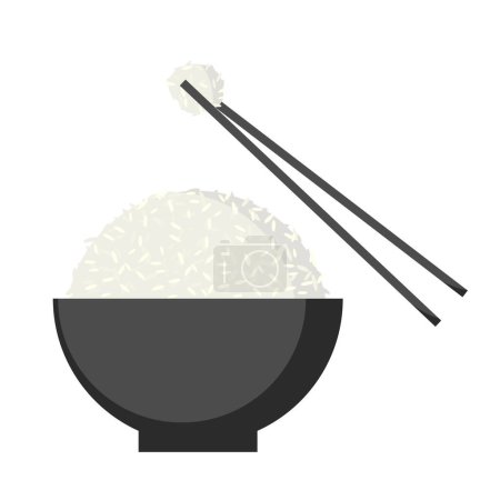 Téléchargez les illustrations : Bol à riz avec baguettes, vecteur d'icône plat. - en licence libre de droit