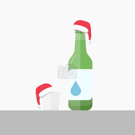 Illustration for Flat icon of Soju with glass with Christmas Santa Hat. It is a famous clear, colorless distilled beverage of Korean origin - Royalty Free Image