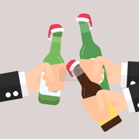 Illustration for Flat icon of businessmen holding Bottle of Beer and Soju. Celebration with Santa Hat - Royalty Free Image