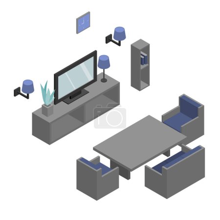 Illustration for Living room idea. Set of chairs with table and the television on the shelf with lamps. Isometric Drawing Vector. - Royalty Free Image