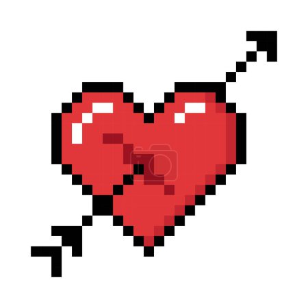 Red Heart with arrow shot through it, Icon. Represent relationship, romance, and love For Valentine's Day. Pixel 8 bit style