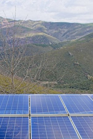 Photo de panneaux solaires sur une colline avec des montagnes majestueuses en toile de fond. Photo de haute qualité