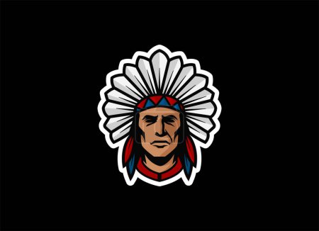 Ilustración de Native American Indian Chief head profile . Mascot sport team logo. Hand lettering . Vector illustration logotype - Imagen libre de derechos
