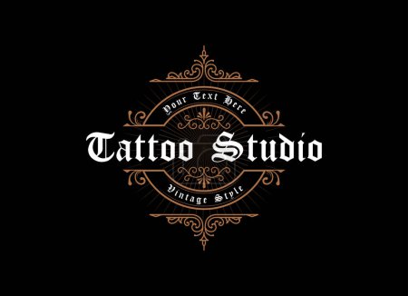 Illustration for Vintage frame logo. Antique label. Suitable for tattoo studio, barber shop, whiskey label, wine, beer, brewing, salon, shop, signage. - Royalty Free Image