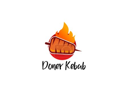 Téléchargez les illustrations : Shish kebab logo design. Broche de viande avec design vectoriel de légumes. Brochettes de viande grillées logotype - en licence libre de droit
