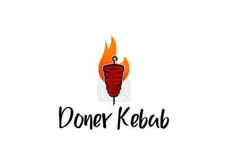 Téléchargez les illustrations : Shish kebab logo design. Broche de viande avec design vectoriel de légumes. Brochettes de viande grillées logotype - en licence libre de droit