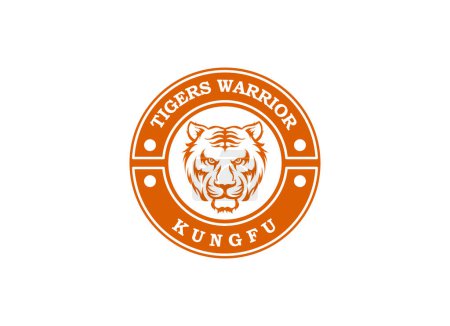 Ilustración de Una cabeza de tigre de bengala con colmillos y letras chinas de kung fu para el diseño del logotipo del Clan Marcial del Club Kungfu - Imagen libre de derechos
