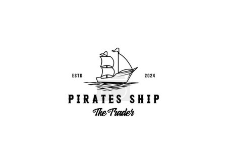 Vektor-Illustration von altem Piratenschiff oder klassischem Merchant Sailing Vessel Boot auf Meereswellen für Vintage Nautical Label Logo
