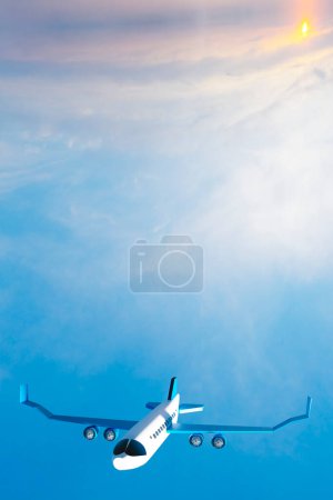 Photo for Airplane flying through the air and blue sky at 36,000 feet with wings outstretched - Royalty Free Image
