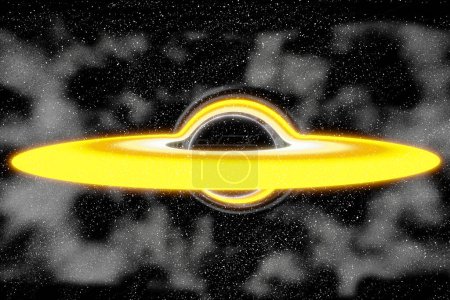 Foto de Comportamiento fotográfico realista del agujero negro rodeado por un disco de acreción en el espacio estelar devorando la luz, las estrellas, el polvo de estrellas y la materia circundante sometiendo a los elementos a una distorsión tridimensional de la representación espacio-temporal - Imagen libre de derechos