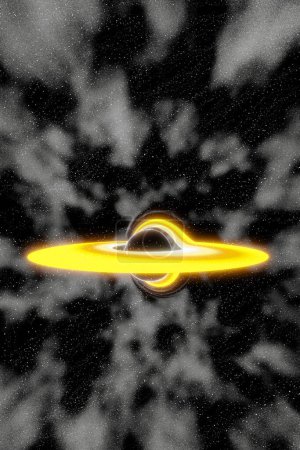 Foto de Fotografía tridimensional del efecto agujero negro rodeada de disco de acreción que envuelve la luz, las estrellas, la energía y el polvo estelar en su trayectoria generando una simulación de distorsión similar a vórtice del comportamiento de absorción y distorsión del espacio-tiempo - Imagen libre de derechos