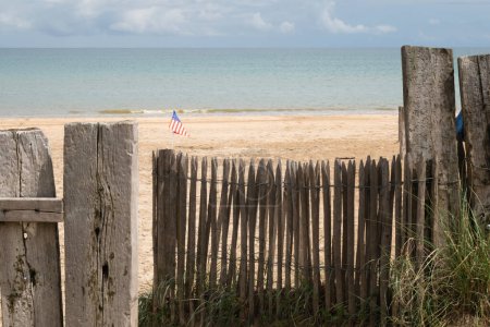 Utah Beach in Normandy, France wood sea fence, grass and sand dunes. Sunny sky light ble clouds. High quality photo