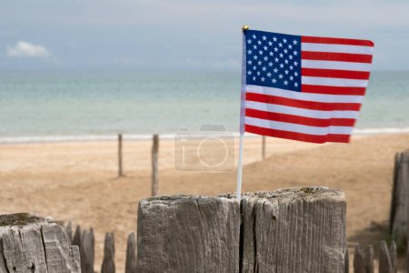 Utah Beach in Normandy, France. Closeup USA flag on wood sea fence. Grass and sand dunes. Sunny sky light ble clouds. High quality photo