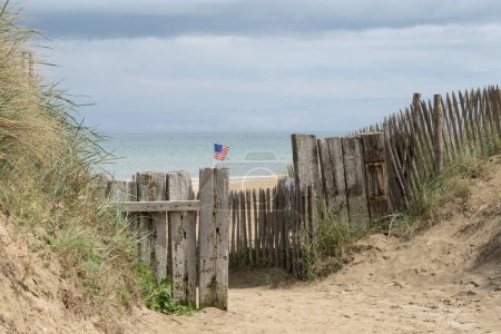 Utah Beach in Normandy, France. At a distance USA flag on wood sea fence, grass and view up sand dunes. Sunny sky light ble clouds. Blue ocean view. High quality photo