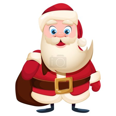 Cartoon Santa Claus in a red suit holds a bag of gifts. Merry Christmas and Happy New Year Isolated vector cartoon illustration for greeting card, banner and more.