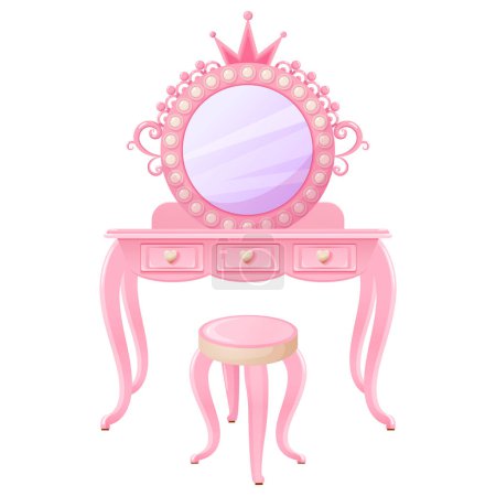Ilustración de Mesa y silla de maquillaje vectorial para barbie o princesa en casa. Un elemento de muebles para la sala de barbacoas. Ilustración de dibujos animados aislada sobre un fondo blanco. - Imagen libre de derechos