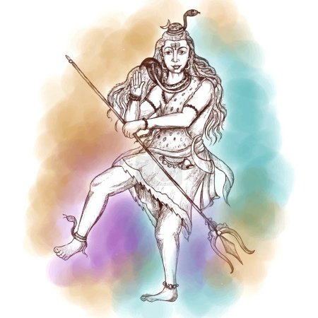 Téléchargez les illustrations : Dessin à la main hindou seigneur shiva croquis pour dieu indien maha shivratri conception de la carte - en licence libre de droit