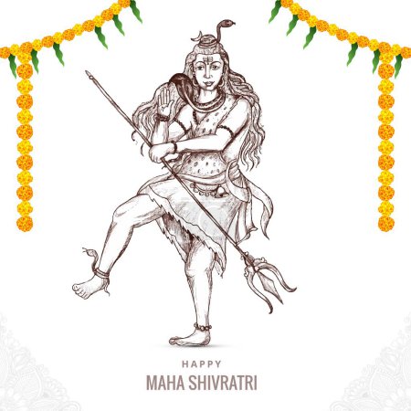 Téléchargez les illustrations : Dessin à la main hindou seigneur shiva croquis pour dieu indien maha shivratri conception de la carte - en licence libre de droit