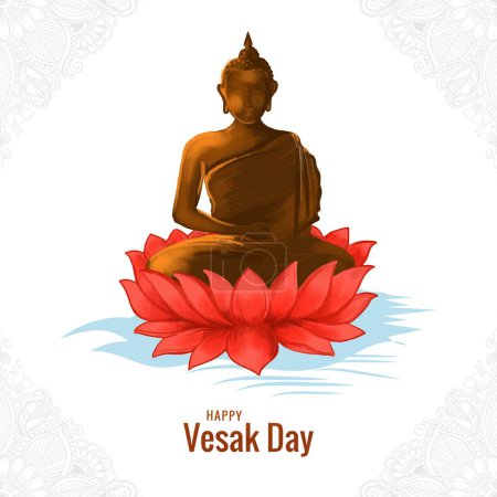 Téléchargez les illustrations : Bouddha sur la carte de voeux fleur de lotus sur fond heureux vesak jour - en licence libre de droit
