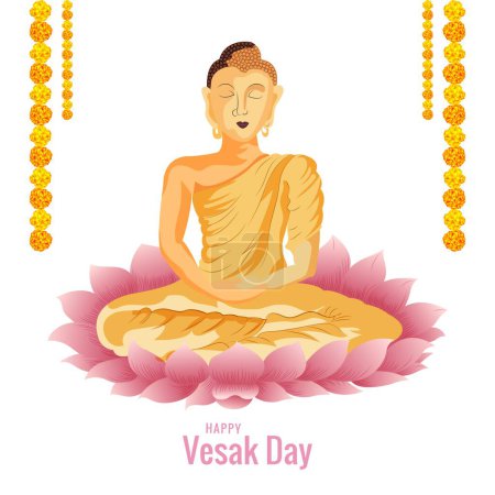 Illustration for Buddha on lotus flower greeting card on happy vesak day backgrou - Royalty Free Image