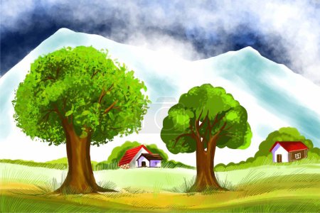 Ilustración de Hermoso paisaje y arquitectura pintura árbol diseño - Imagen libre de derechos