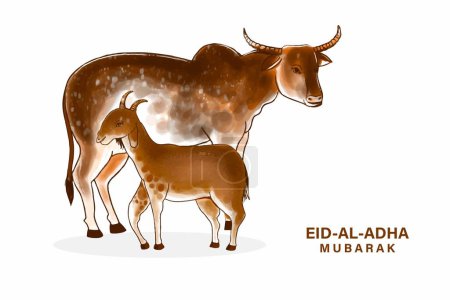 Illustration for Eid al adha greeting card with goat and cow watercolor design - Royalty Free Image