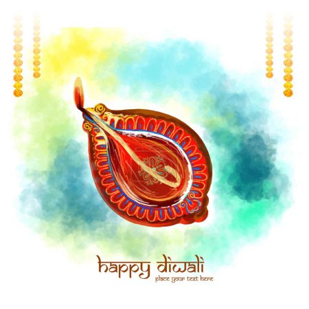 Illustration of watercolor burning diya on happy diwali celebration background