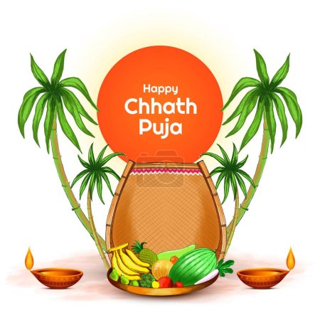 Illustration for Indian celebration for happy chhath puja with background and sun - Royalty Free Image