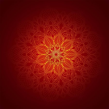 Téléchargez les illustrations : Mandala décoratif doré sur fond rouge - en licence libre de droit