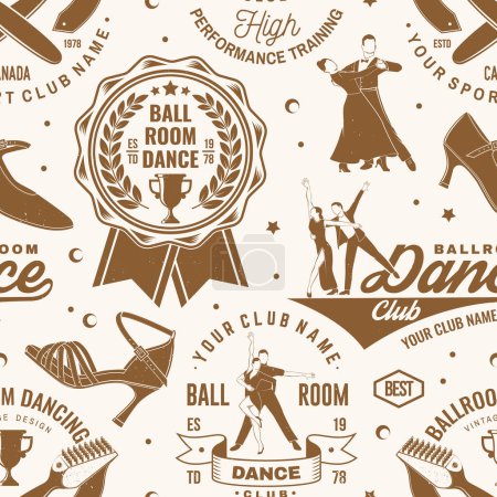 Illustration for Set of Ballroom dance sport club seamless pattern. Concept for dancer sport pattern background or wallpaper. Dance sport sticker with shoes for ballroom dancing, man and woman silhouette. Vector - Royalty Free Image