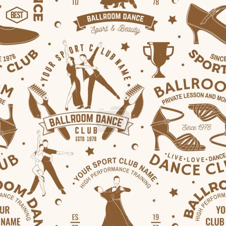 Illustration for Set of Ballroom dance sport club seamless pattern. Concept for dancer sport pattern background or wallpaper. Dance sport sticker with shoes for ballroom dancing, man and woman silhouette. Vector - Royalty Free Image