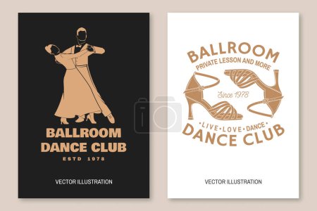 Illustration for Set of Ballroom dance sport flyer, brochure, banner, poster. Concept for shirt or logo, print, stamp or tee. Dance sport sticker with shoes for ballroom dancing, man and woman silhouette. Vector - Royalty Free Image