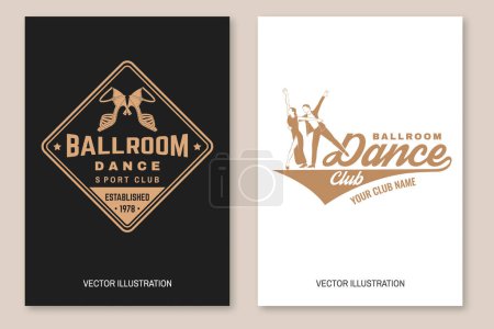 Illustration for Set of Ballroom dance sport club flyer, brochure, banner, poster. Concept for shirt or logo, print, stamp or tee. Dance sport sticker with shoes for ballroom dancing, man and woman silhouette. Vector - Royalty Free Image