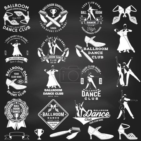 Illustration for Set of Ballroom dance sport club logos, badges on chalkboard. Concept for shirt or logo, print, stamp or tee. Dance sport sticker with shoes for ballroom dancing, man and woman silhouette. Vector - Royalty Free Image